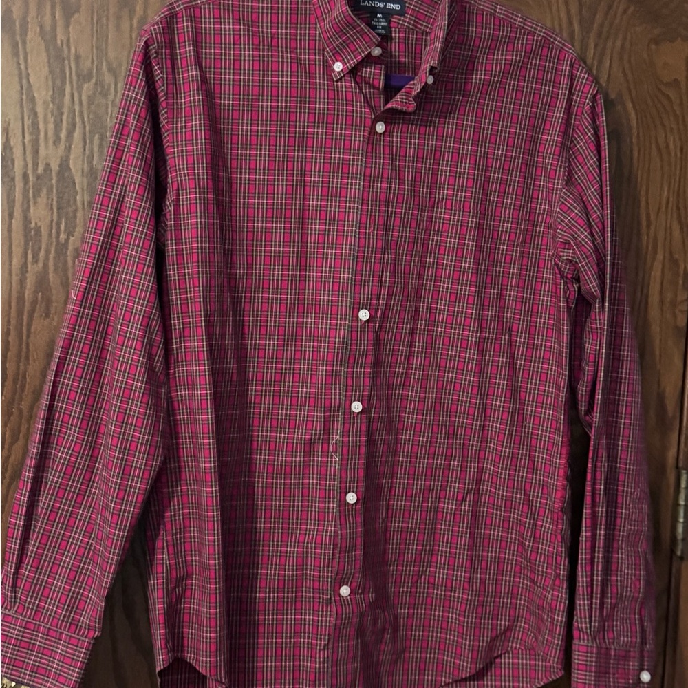 Lands' End Men's Red Checkered Button Down Shirt